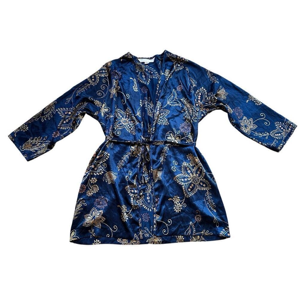 Victoria Secret Pink Label Short Robe Satin Floral Robe Navy GOLD 1 Size